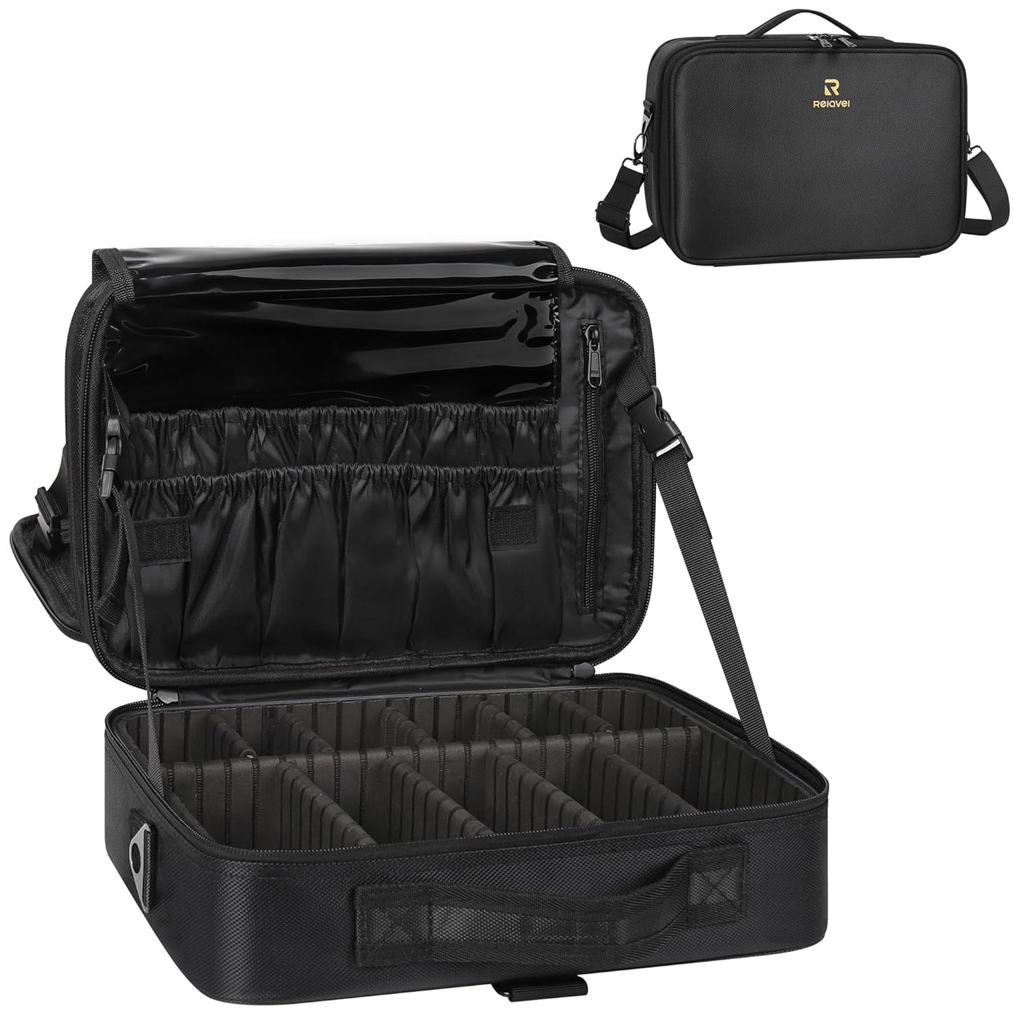 MONSTINA Travel Makeup Train Case,13.8 inches Large Cosmetic Case,Makeup Brush Holder Organizer and Storage with Adjustable Dividers and Shoulder Strap (Black)