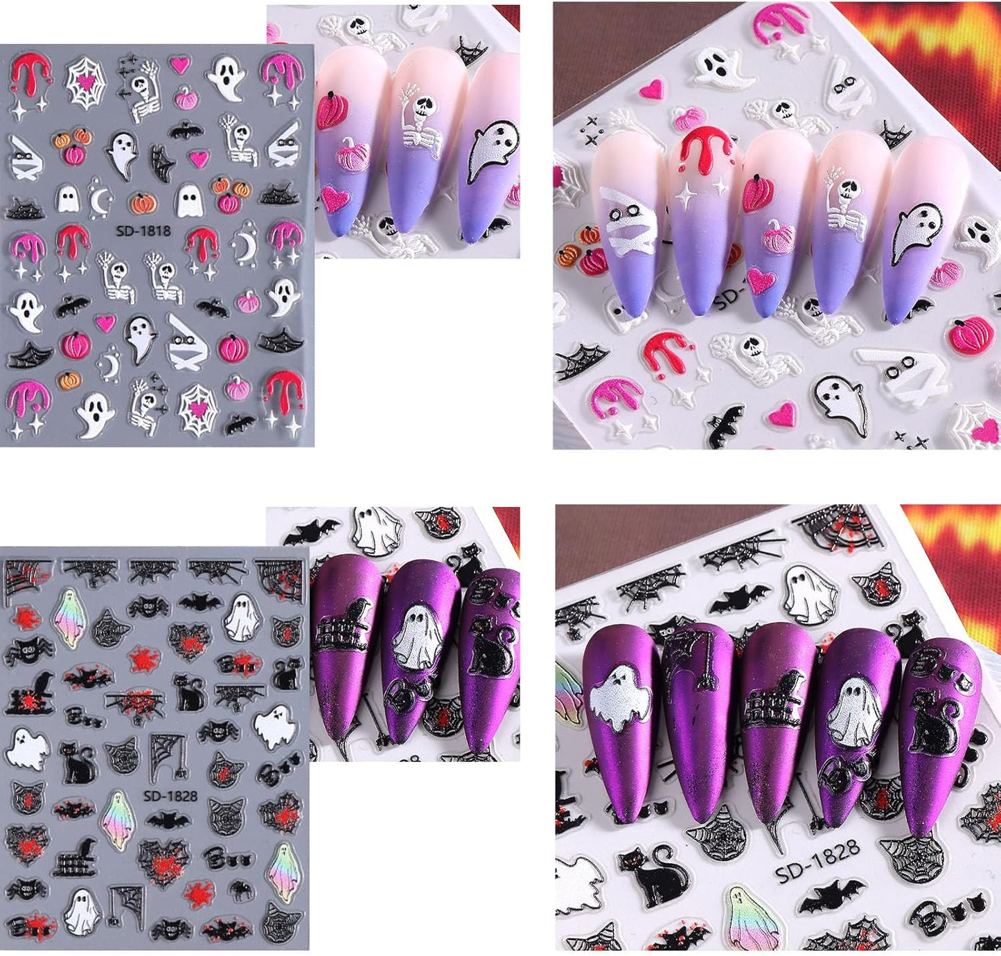 6 Sheets Halloween Nail Stickers 5D Self Adhesive Bat Skull Pumpkin Spider Designs Cute Ghost Nail Art Stickers Halloween DIY Manicure Charms for Holiday Decoration for Women