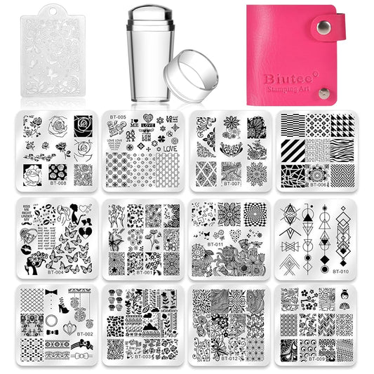 Biutee Nail Stamping Plates Set 12pcs Nail Plates 1stamper 1scraper 1storage bag Nail plate Template Image Plate Stencil Nails Tool (C)