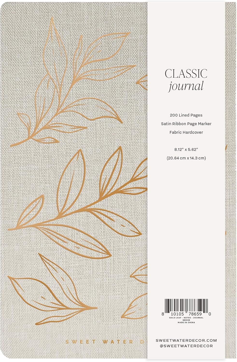 Sweet Water Decor Gold Fabric Notes Journal, Lined Pages, Hardcover Notebook with Satin Ribbon Bookmark, Elegant Neutral Design for Office, Work, School or Personal Writing 200 Lined Pages (8.25" x 5.75")