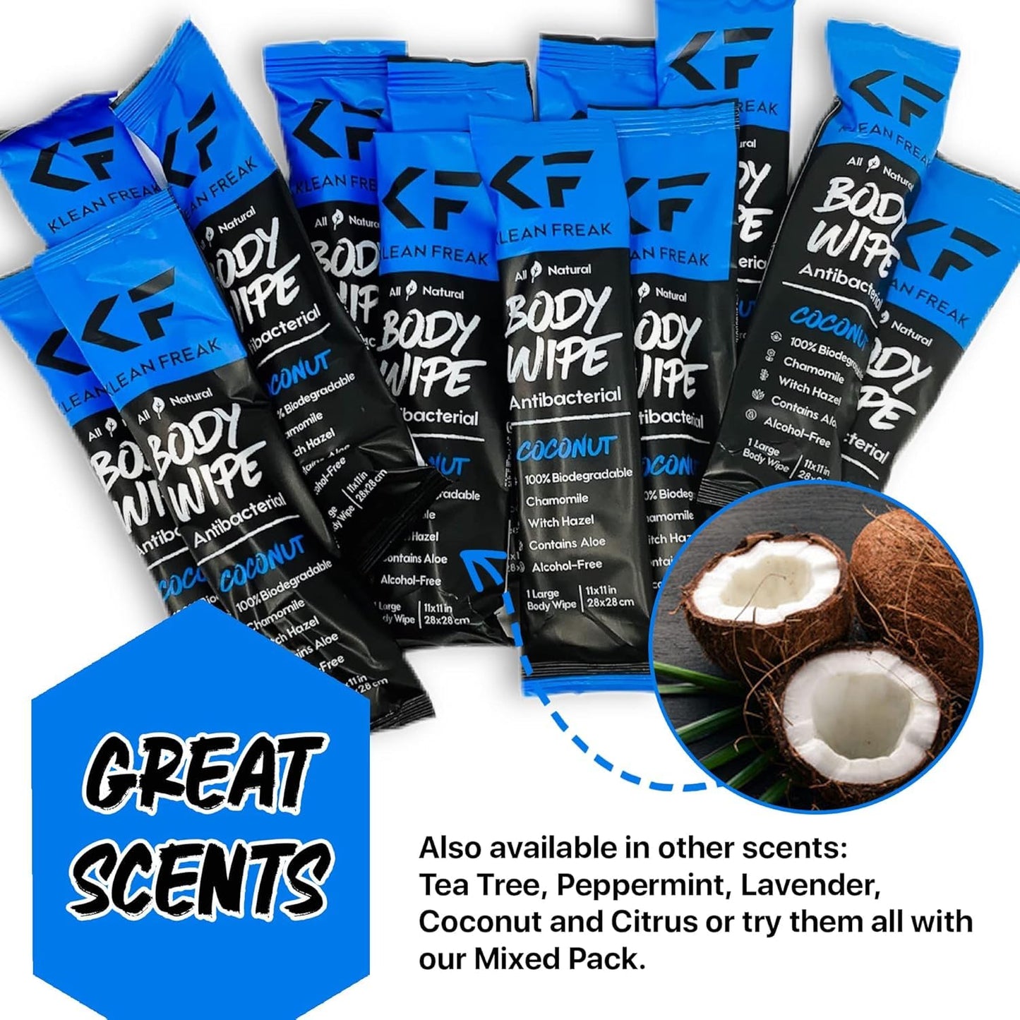 The Klean Freak Body Wipes - 12 count Individually Wrapped | Showerless Body Wipe for Women & Men | Sustainable Bodywipes for Gym, Travel, Camping | Coconut