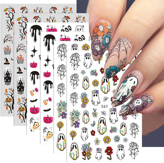 6 Sheets Flower Halloween Nail Art Stickers Colorful Ghost Nail Stickers Pumpkin Nail Decals Spider Web Tree Star Orange Design Cute Nail Sticker for Nail Art for Women Decoration Holiday Manicure