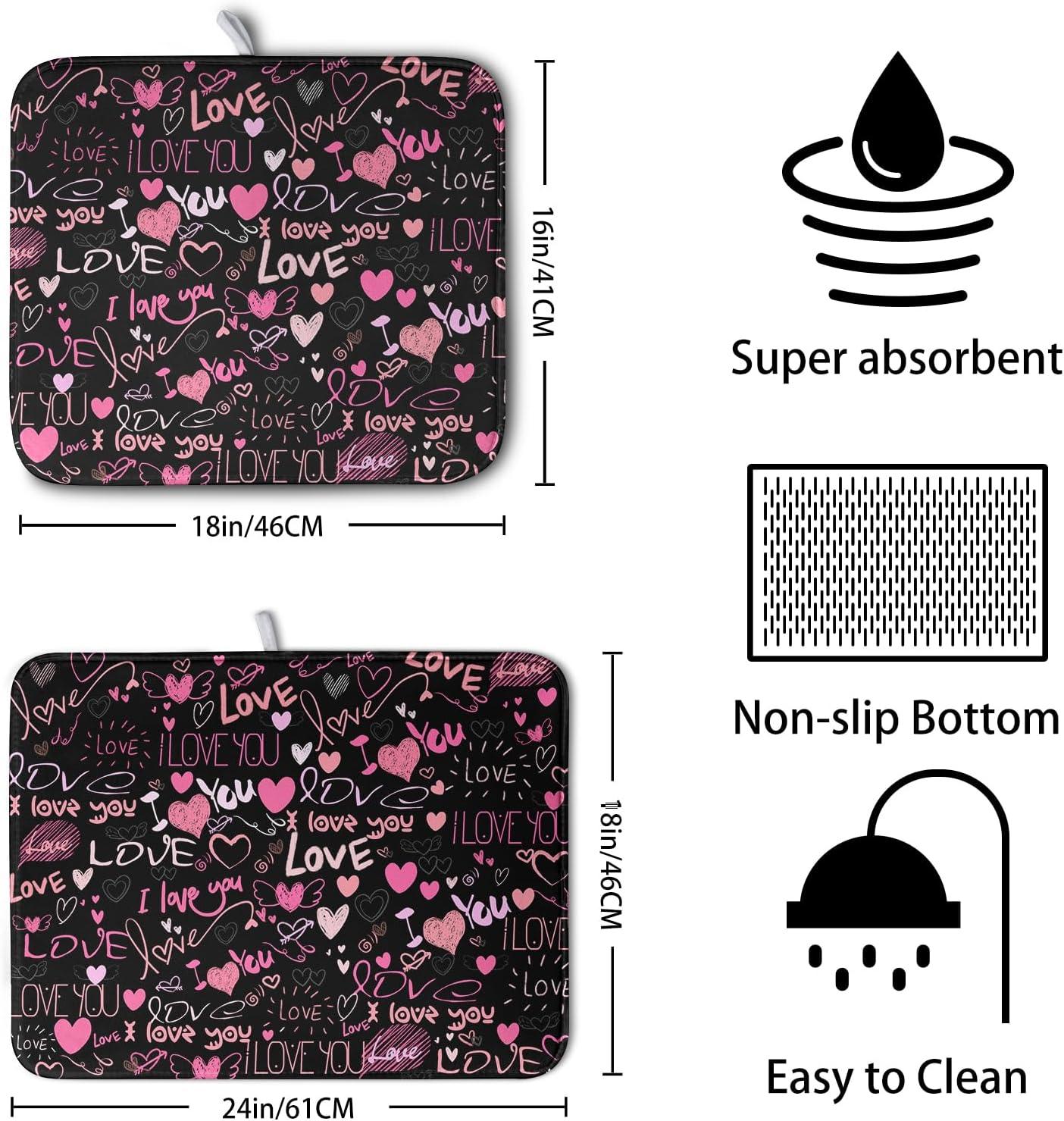 Mother's Day Dish Drying Mat for Kitchen Counter Love Heart Black Drying Mats Absorbent Reversible Microfiber Dish Pad Washable Dish Draining Mat Extra Large 18x24 Inch