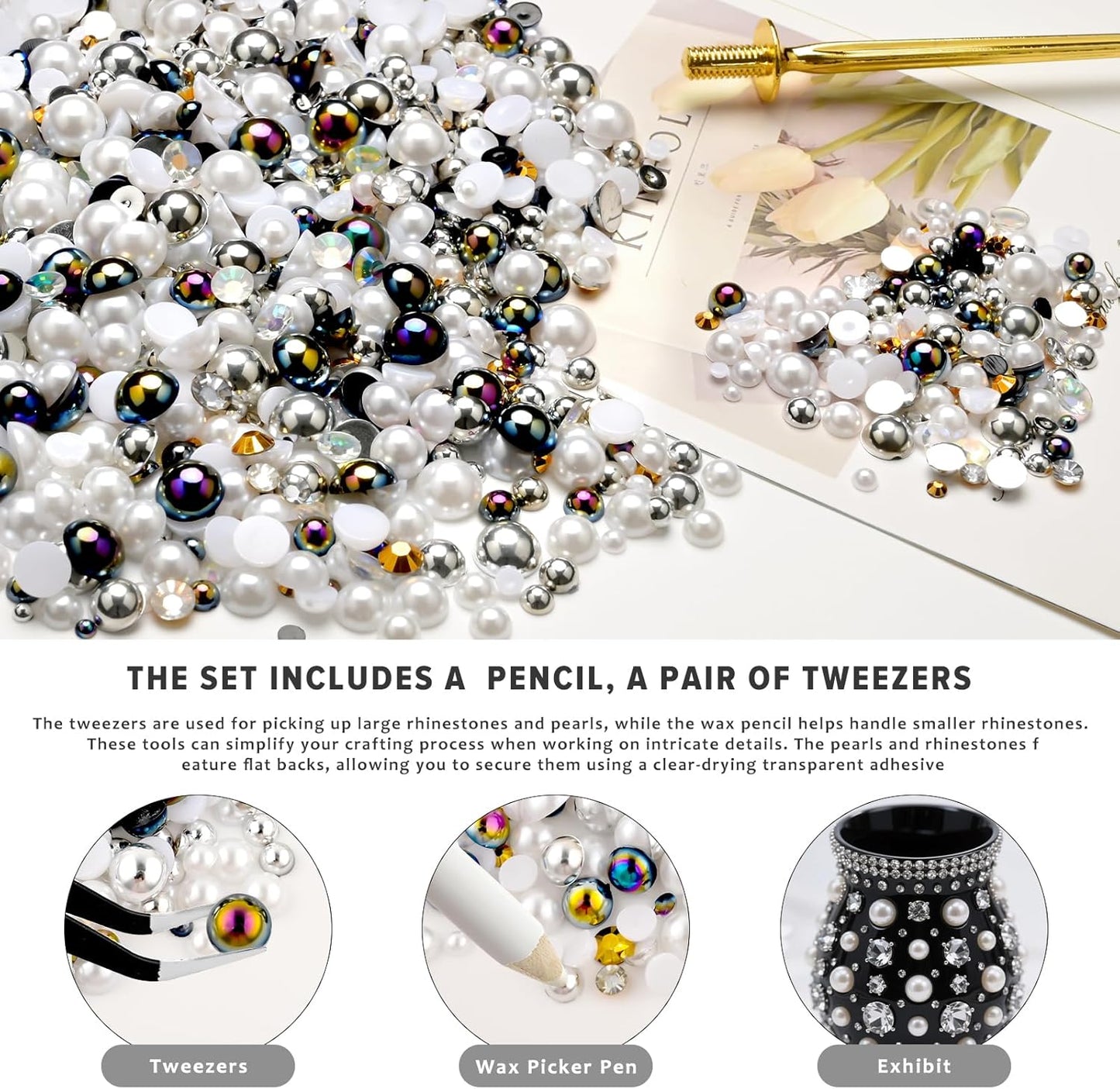 80g Mix Flatback Pearls and Rhinestones for Crafts Black White Mixed Size 2mm-10mm Half Round Pearls Rhinestones for Nail Art Tumblers Shoes DIY Bedazzling with Tweezers Wax Pen