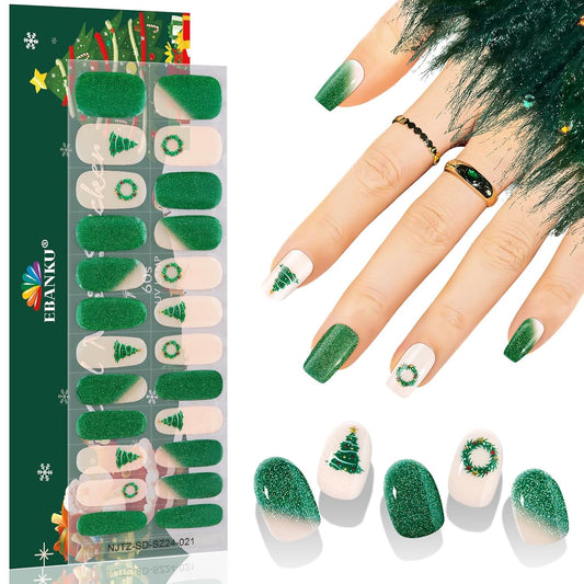 EBANKU 24PCS Christmas Semi-Cured Gel Nail Strips, Christmas Tree Christmas Wreath Adhesive Gel Nail Art Sticker, Waterproof Gel Nail Wrap Stickers with Nail File and Stick（UV/LED Lamp Required）