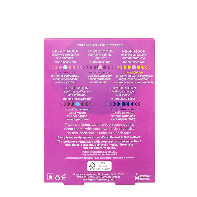Pacifica Beauty Mood Moons Spray Perfume Set, Fragrances, Travel Perfume, Dream Moon, Flower Moon, Neon Moon, Blue Moon, Silver, Moon, Clean Perfume, Mini Perfume, Vegan, 0.05 fl oz Each (Set of 5)
