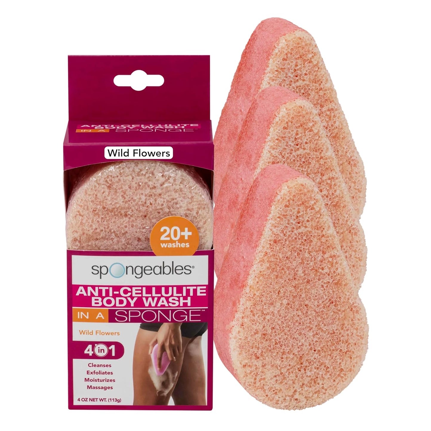 Spongeables Anti Cellulite Body Wash in a 20+ Wash Sponge, Wild Flower, 3 Count