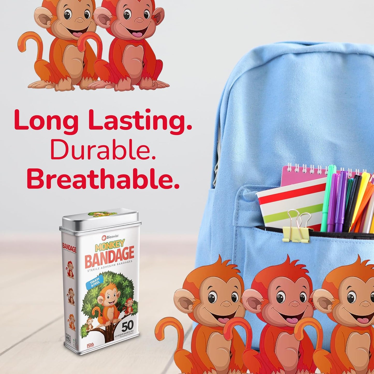 BioSwiss Kids Bandages, Monkey Shaped Self Adhesive Bandage Set, Latex Free, Sterile Wound Care, 50 Count