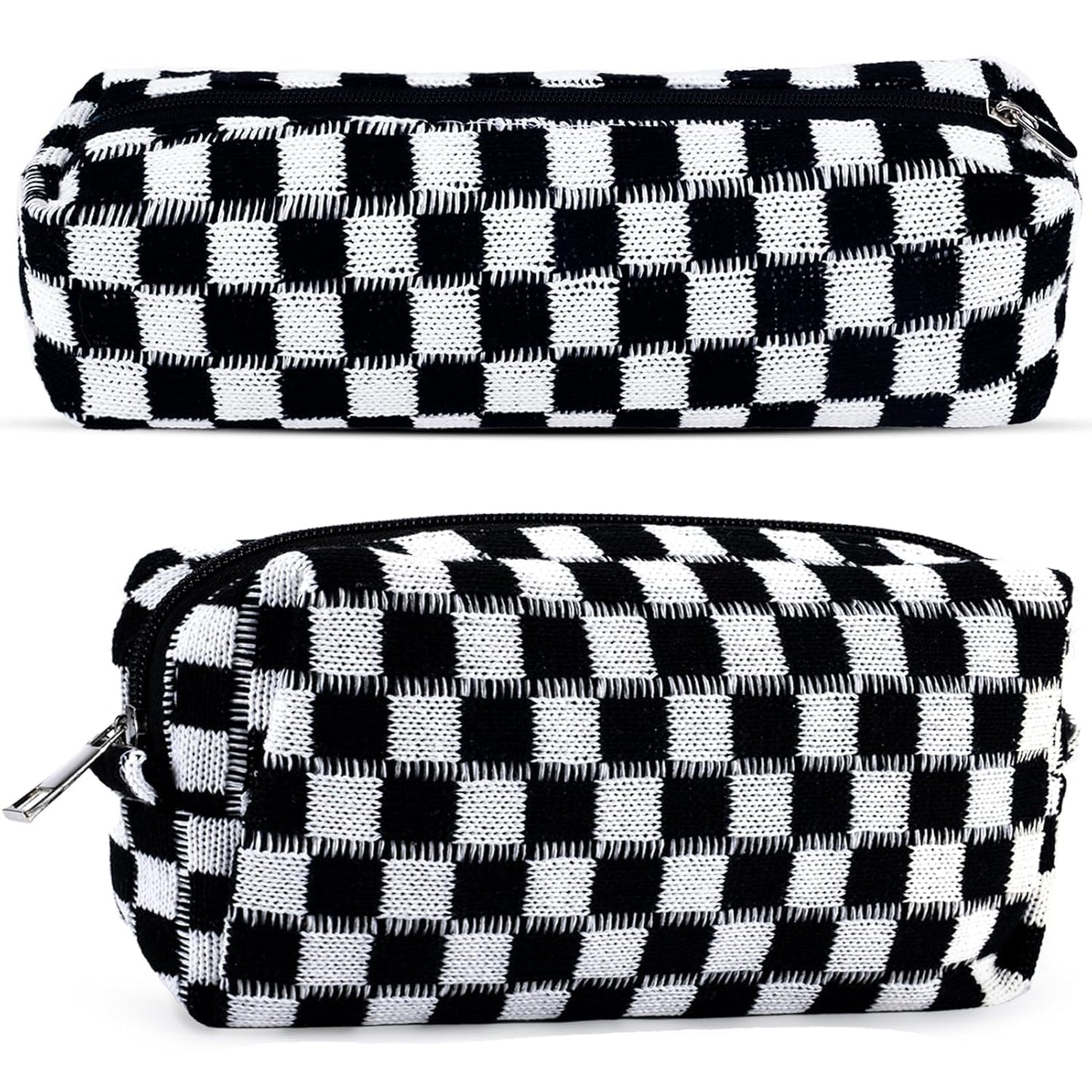 2Pcs Checkered Pencil Case Cute Pencil Pouch for Teens Checkered Makeup Bag Travel Cosmetic Bag Set Cute Makeup Pouch for Purse Portable Zippered Skincare Bags Preppy Toiletry Bags Organizer(Black)