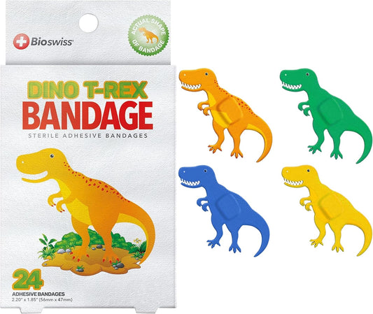 BioSwiss Kids Bandages, Dinosaur Shaped Self Adhesive Bandage Set, Latex Free, Sterile Wound Care, 24 Count