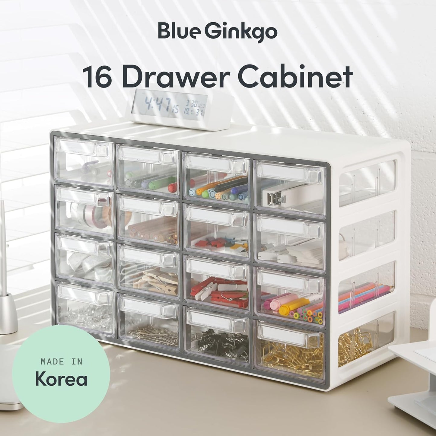 Blue Ginkgo Medium 16-Drawer Cabinet – Stackable Clear Organizer for Hardware, Beads, Plastic Bricks, Office, and Craft Storage (Made in Korea, Gray)
