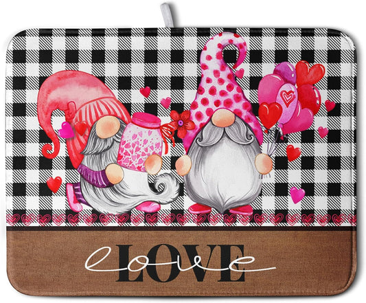 Valentine's Day Dish Drying Mats for Kitchen Counter, Gnome Love Kitchen Drying Mat, Buffalo Plaid Dish Drainer Mat Absorbent Quick Dry Dishes Pad 18 x 24 In - Farmhouse Decor Valentines Gift