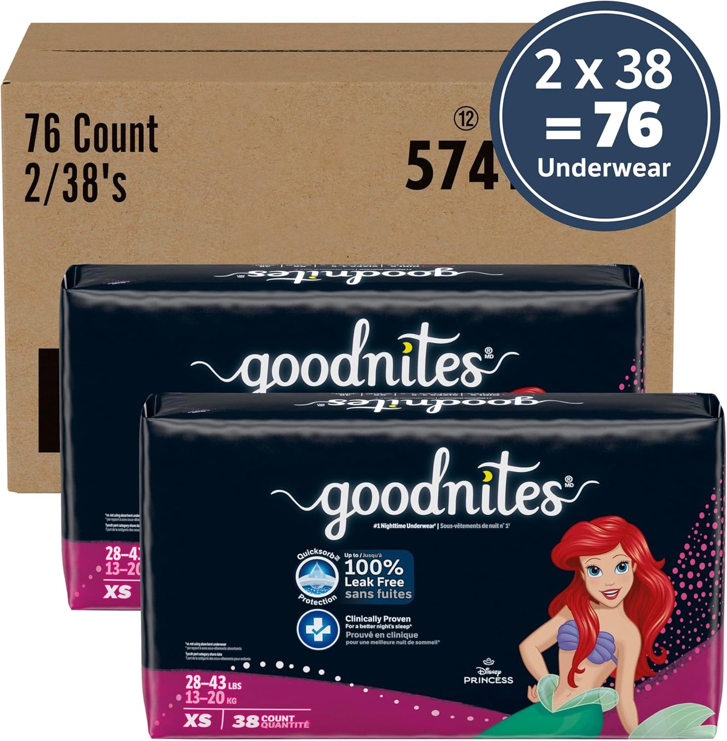 Goodnites Girls' Nighttime Bedwetting Underwear, Size Extra Small (28-43 lbs), 76 Ct (2 Packs of 38), Packaging May Vary