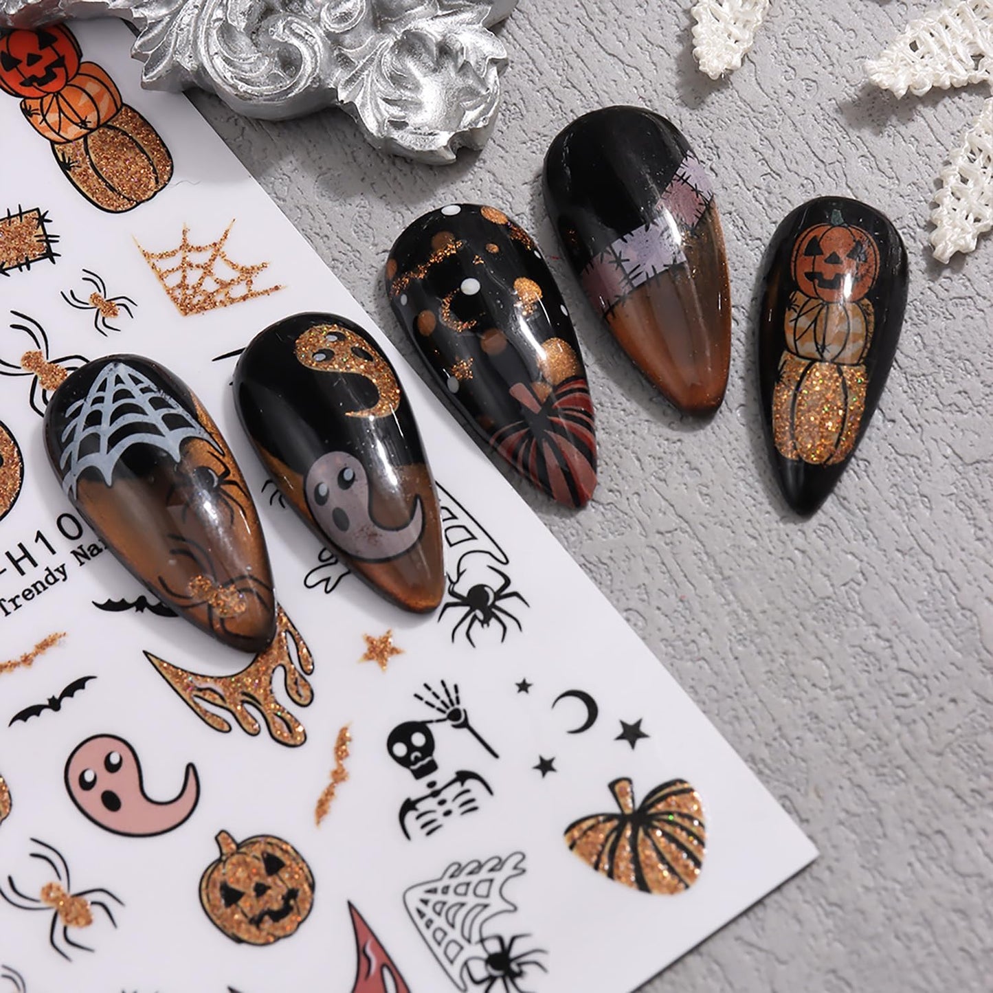 Halloween Nail Stickers 6PCS - Spooky Ghost Pumpkin Skull Cat Glitter Nail Decals, 3D Self-Adhesive Nail Art Supplies for Women, Festive Holiday Nail Decorations