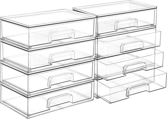 Vtopmart 12.1''W Clear Stackable Storage Drawers,8 Pack Acrylic Plastic Organizers Bins for Makeup Palettes, Cosmetics and Beauty Supplies,Ideal for Vanity, Bathroom,Cabinet,Desk Organization