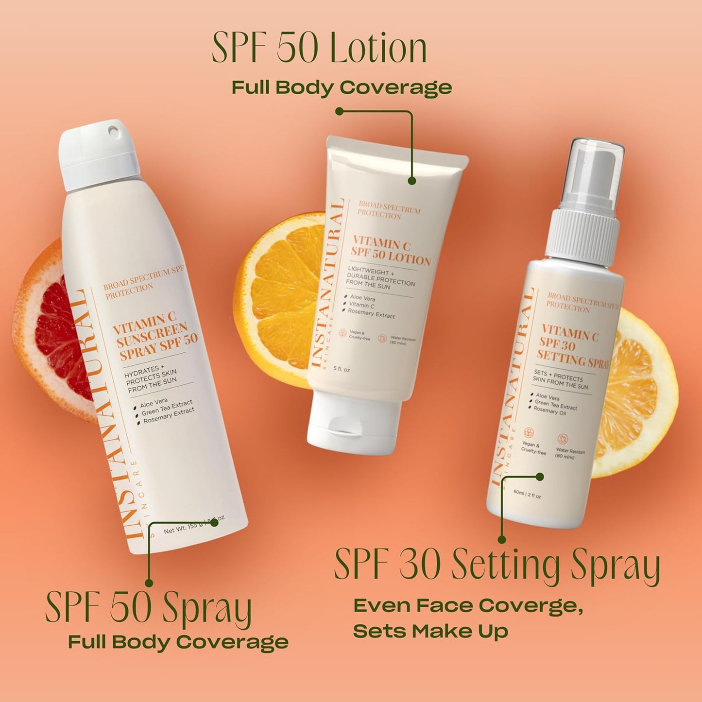 InstaNatural Skin Care Vitamin C SPF 30 Broad Spectrum Sunscreen Make Up Setting Spray, Brightens & Hydrates, UVA, UVB Sun Protection Sunblock, with Aloe Vera & Botanicals, Pump Bottle, 2 Fl Oz