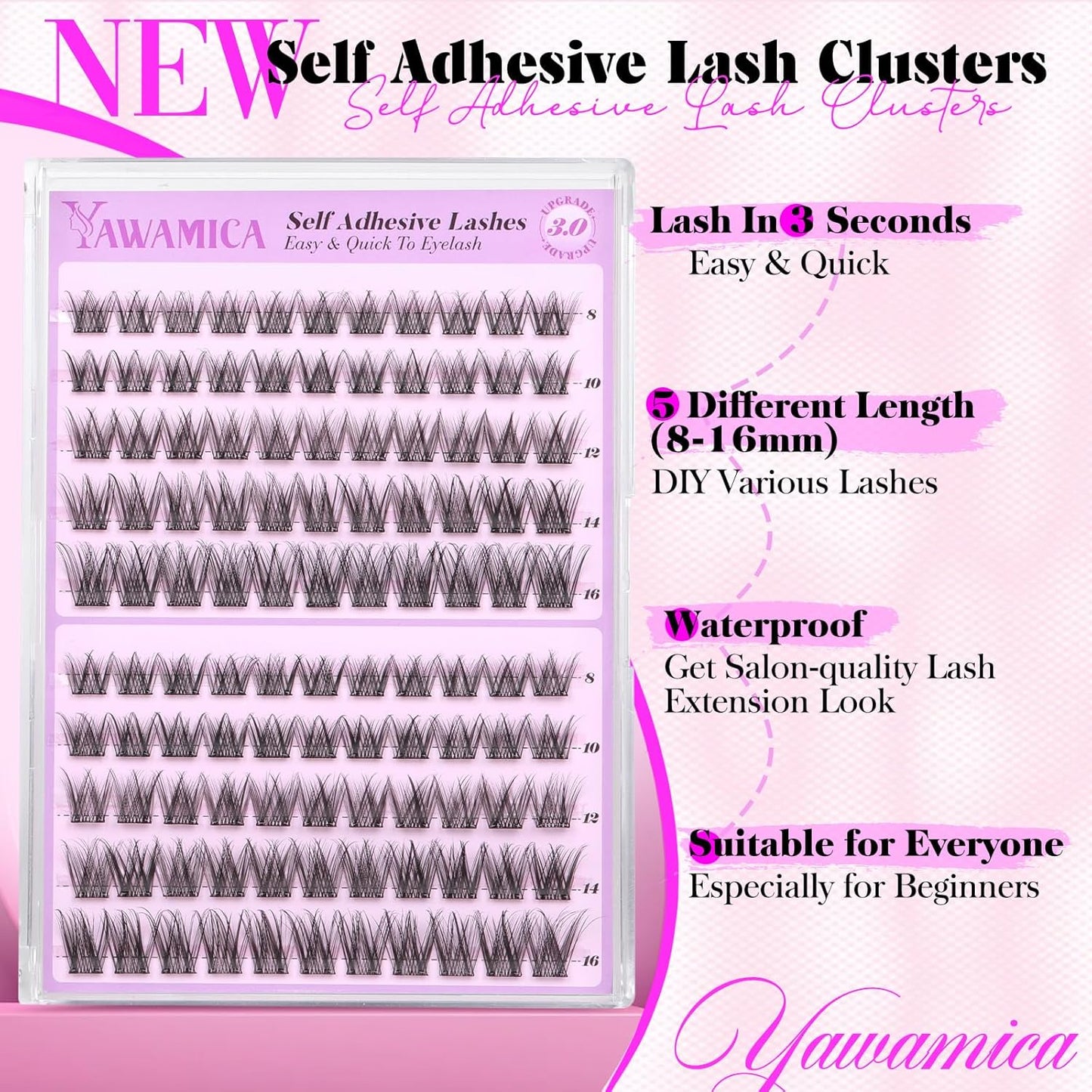 Yawamica Self Adhesive Eyelashes Wispy Lash Clusters No Glue Needed DIY Lash Extension 8-16mm Pre-Glued Eyelash Clusters Reusable Press on Lashes Natural C Curl Individual Lashes DIY Lash for Beginner