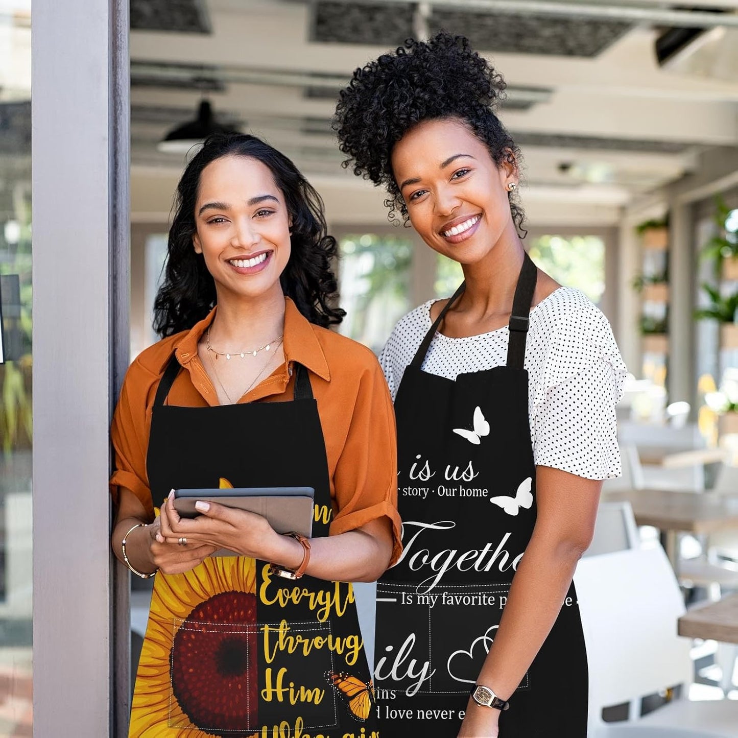 2 Pack Aprons, Sunflower Butterfly Adjustable Bib Aprons with 2 Pockets for Women Men Couple Lovers Chef Home Kitchen Cooking Baking Gardening Black Yellow Apron 32x28 Inches