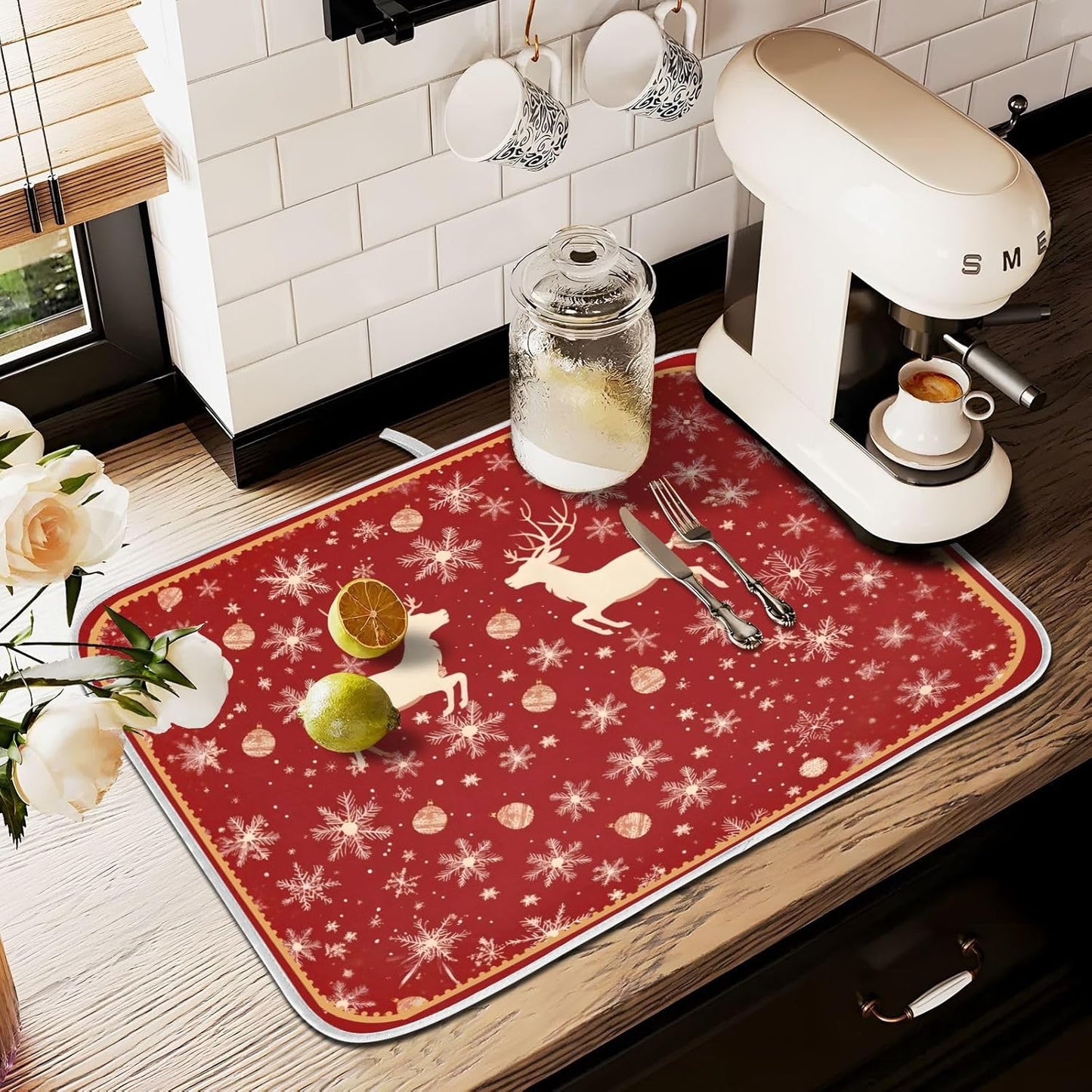 Christmas Dish Drying Mat Golden Snowflake Elk Reindeer Red Dish Drainer Mat for Kitchen Counter 16 x 18 Inch Winter Absorbent Microfiber Dishes Pad