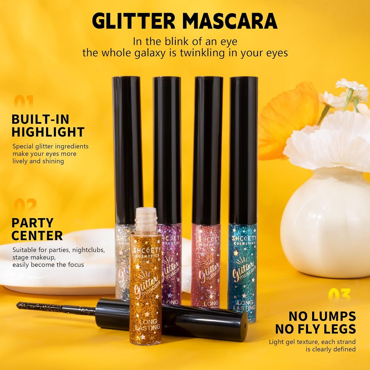 Glitter Colored Mascara, 5 Colors Diamond Effect Sparkle Mascara Set, Waterproof, Long Lasting Smudgeproof Voluminous Curling Colorful Eyelashes Party Wedding Music Festival Eyes Makeup