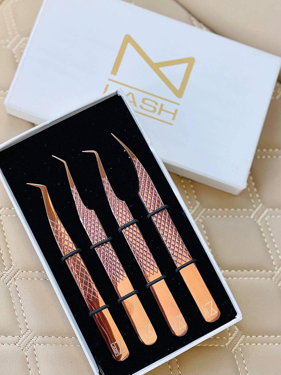 M LASH Eyelash Extension Tweezers (Set of 4) - Professional & Precision Lash Tweezers for Eyelash Extensions - Japanese Steel, Diamond Grip, Fiber Tip V3 (Rose Gold)