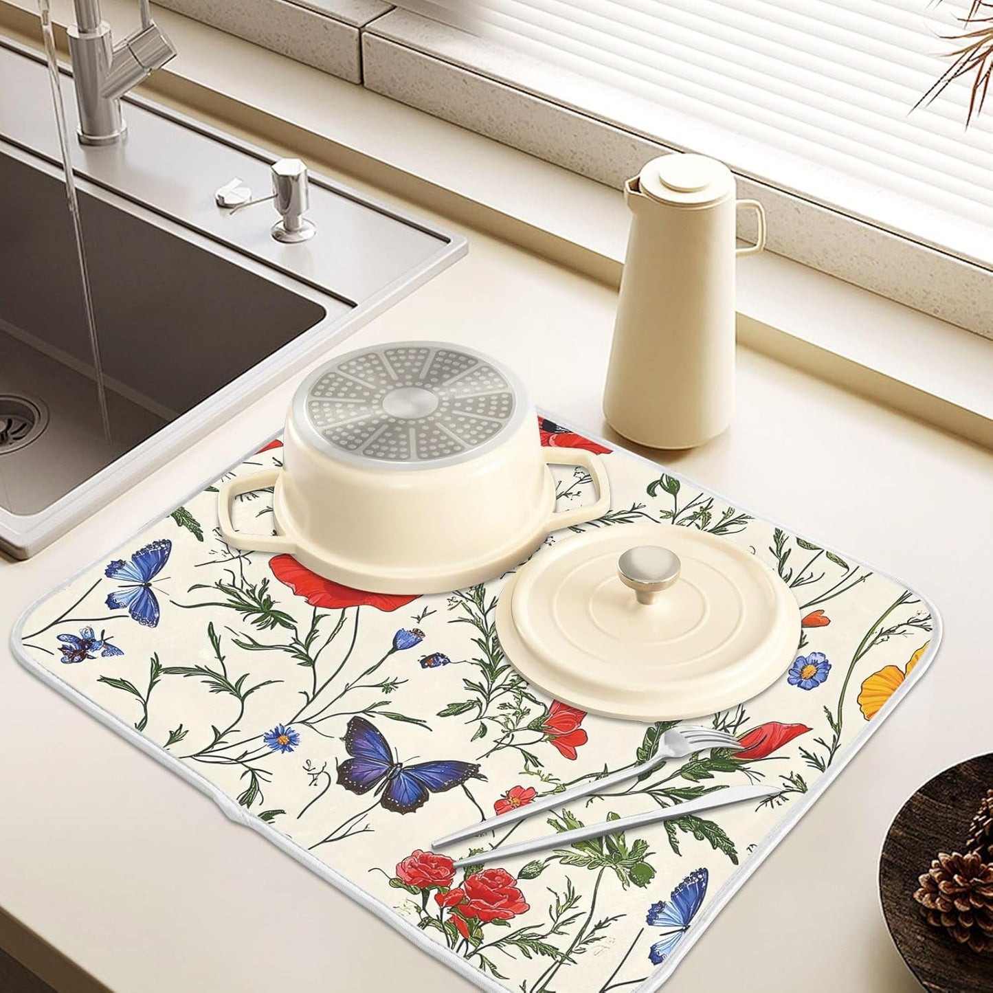 Butterfly Red Tulip Wildflower Dish Drying Mats for Kitchen Counter Absorbent Microfiber Dish Drying Matt 16 x 18 Inch Draining Reusable Rack Pad