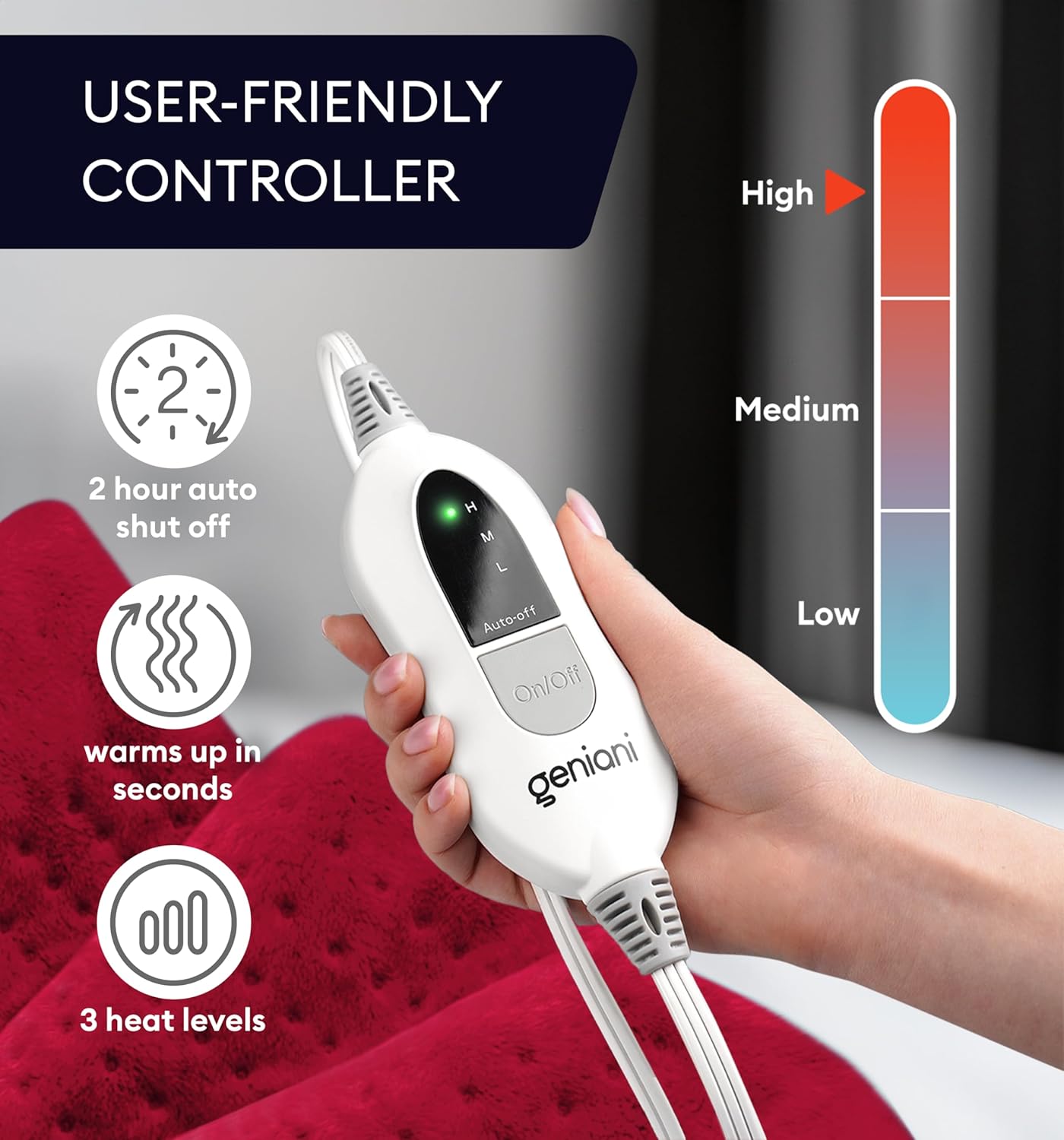 GENIANI Electric Throw - XL Heating Pad for Back Pain & Menstrual Pain Relief, Auto Shut Off, Machine Washable, Moist Heat Pad for Neck and Shoulder, Cramps Relief, Heat Patche Viva Magenta 12'‘×24’’