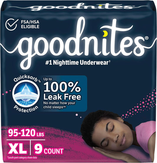 Goodnites Girls' Nighttime Bedwetting Underwear, Size Extra Large (95-120 lbs), 9 Ct, Packaging May Vary