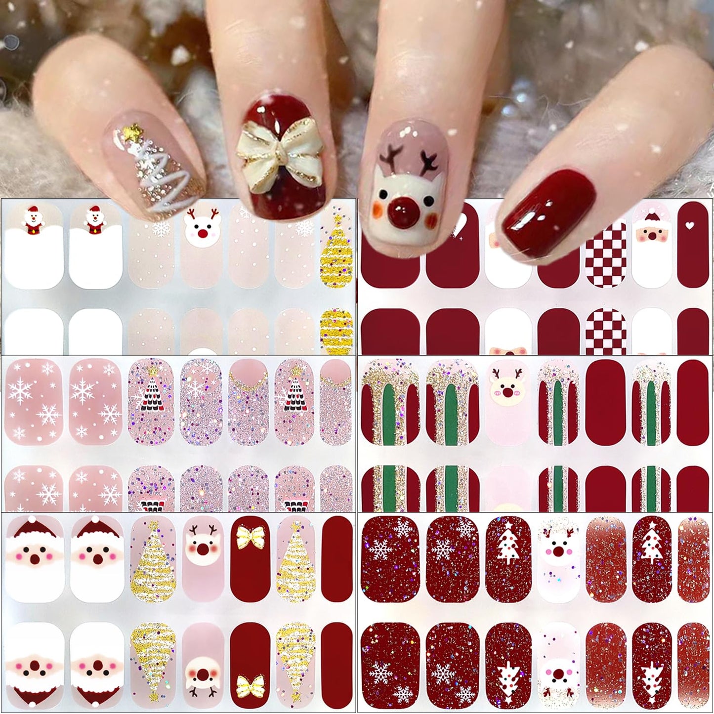 Glitter Christmas Gel Nail Polish Stickers Santa Claus Elk Nail Design Winter Gel Nail Stickers Christmas Trees Snowflake Full Wrap Gel Nail Strips French Christmas Stickers for Women Nail Supplies
