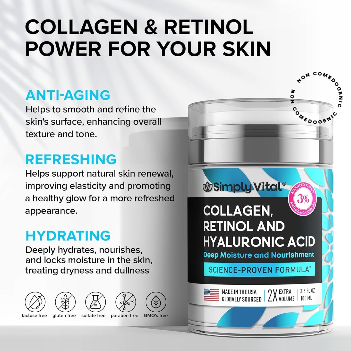 SimplyVital Collagen, Retinol & Hyaluronic Acid Cream - Anti-Aging Retinol Cream for Face, Neck & Décolleté - Made in USA - Daily Moisturizer Face Cream - 3.38 fl oz