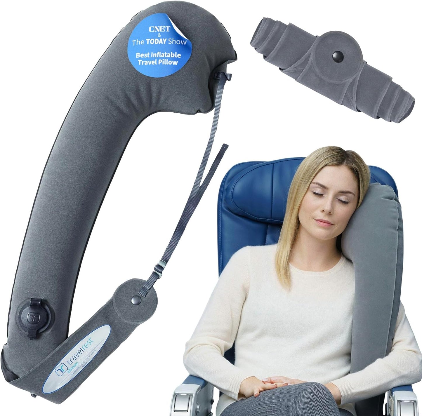 TRAVELREST Ultimate Inflatable Travel Neck & Body Pillow - Travel Essentials, Comfort and Upper Body Support, Airplane Neck Pillow for Long Flight, Straps to Airplane Seat & Car, for All Ages - Grey