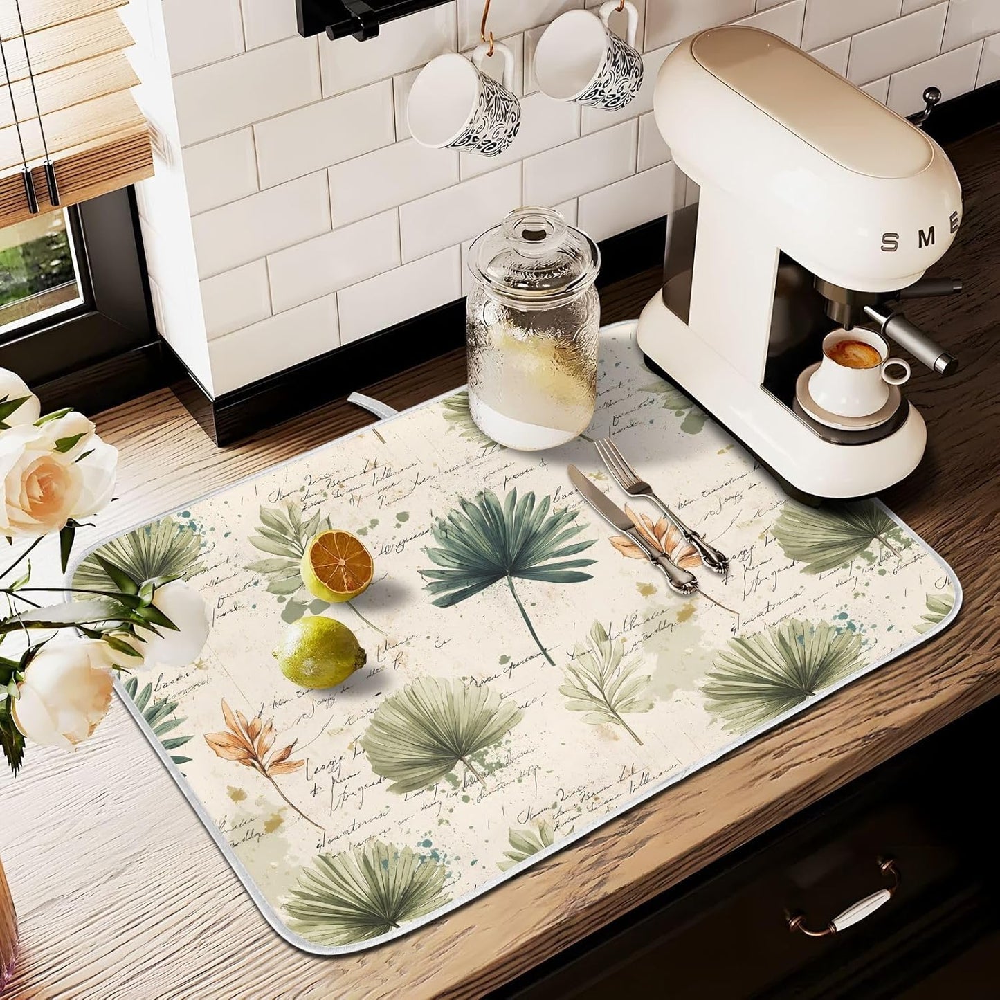 Palm Leaves Vintage Leaf Dish Drying Mats for Kitchen Counter Absorbent Microfiber Dish Drying Matt 16 x 18 Inch Draining Reusable Rack Pad