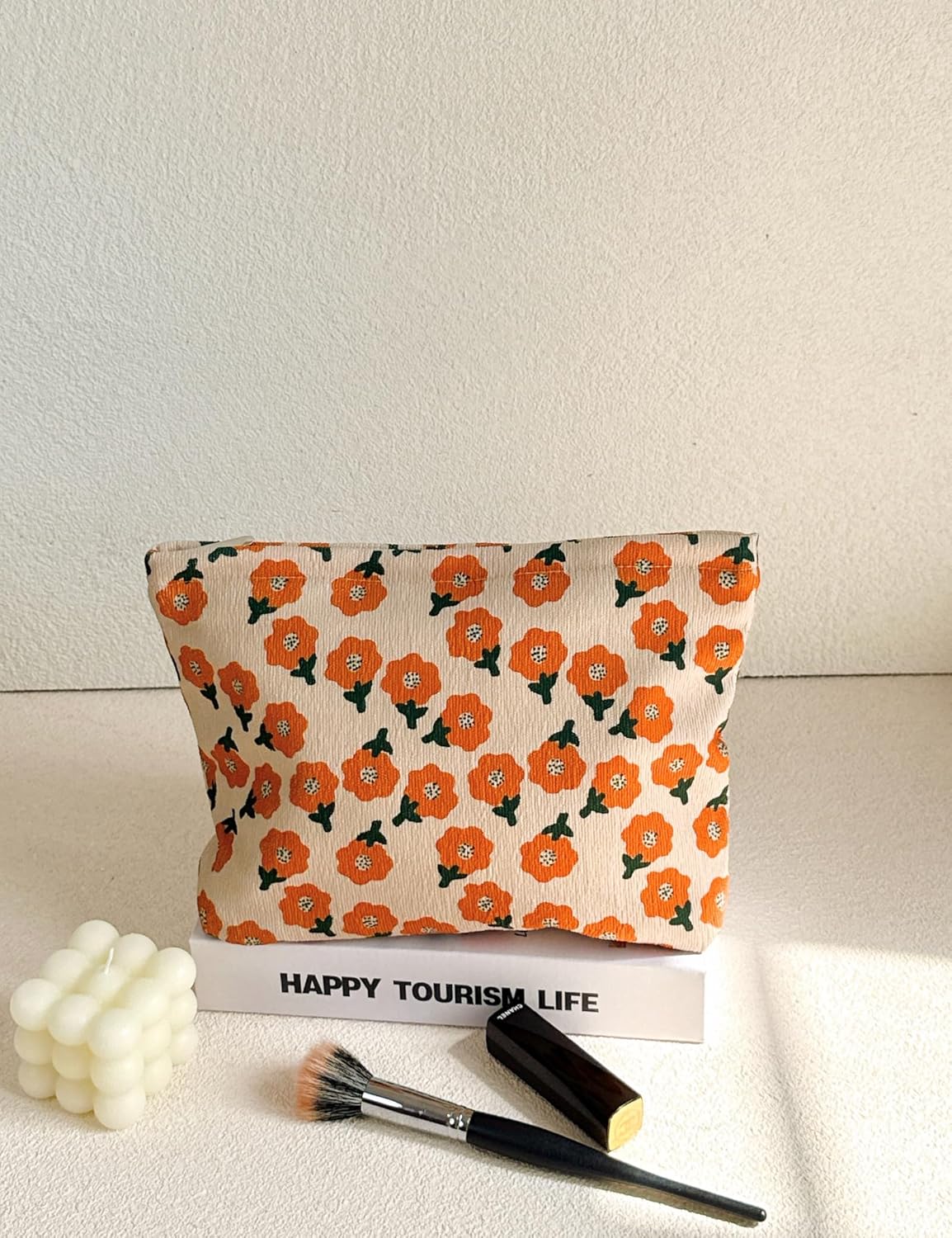2 large makeup bags Women's Corduroy Canvas Makeup Bag, Travel Makeup Bag, Wallet Organizer, Khaki and Orange Flower Pattern