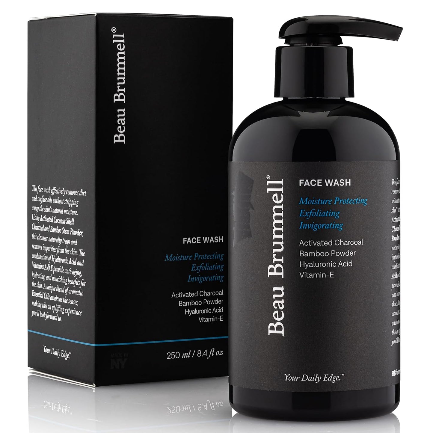 Beau Brummell for Men's Activated Charcoal Face Wash | Gentle Exfoliating Cleanser with Hyaluronic Acid, Bamboo Powder, Marine Plankton Extract, Vitamins A & E | 8 fl oz, Made in USA