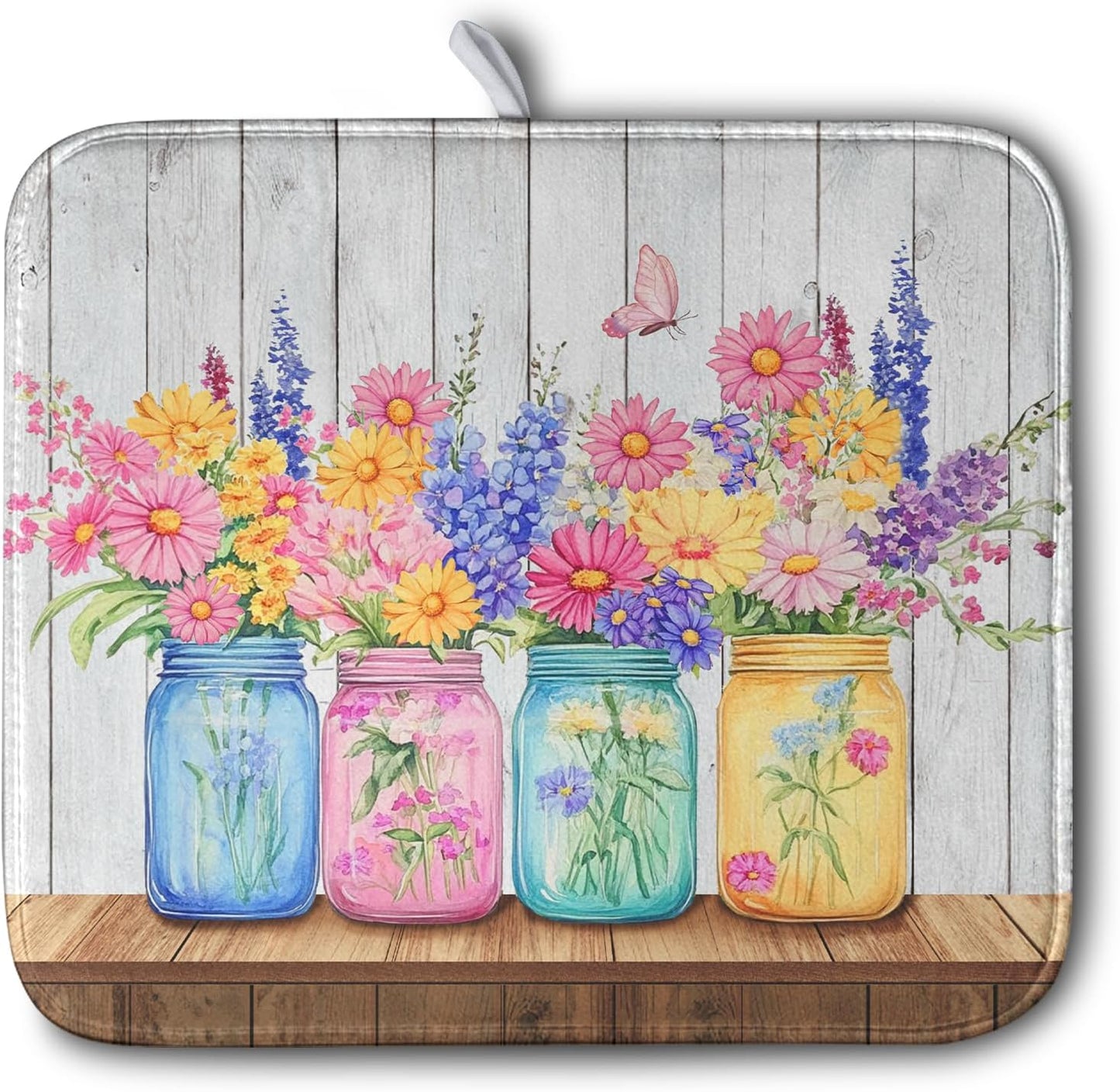 Daisy Dish Drying Mat for Kitchen Counter Spring Summer Flowers Vases Dishes Pad Microfiber Absorbent Dish Draining Mats Rustic Farmhouse Floral Wooden Board Dish Drainer Rack Mat 16x18 Inch