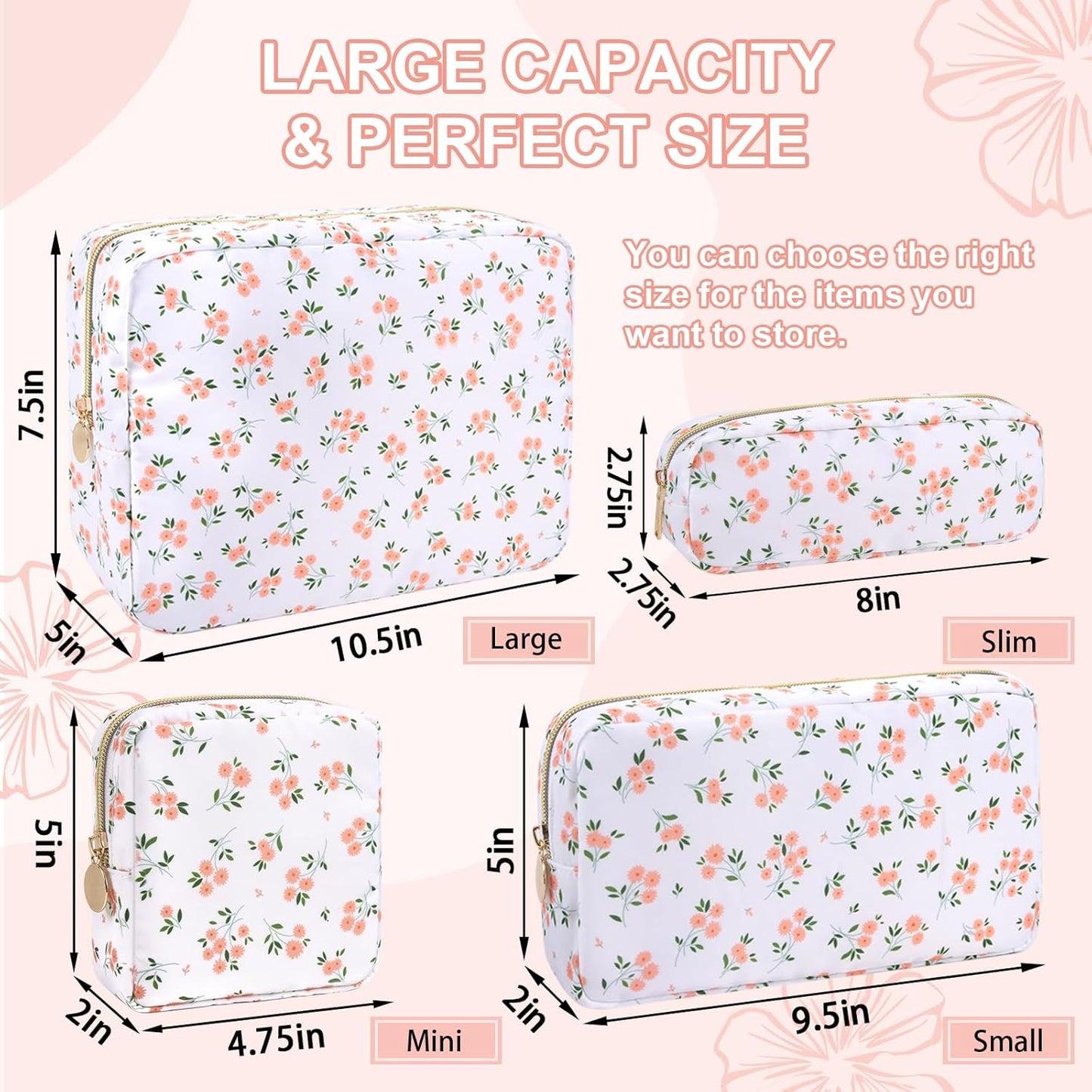 Waterproof Large Floral Makeup Pouch,Nylon Travel Toiletry Storage Purse Preppy Cosmetic Bag for Women Girl,Large Capacity Makeup Organizer Zipper Pouch for Work(L White-Flowers)