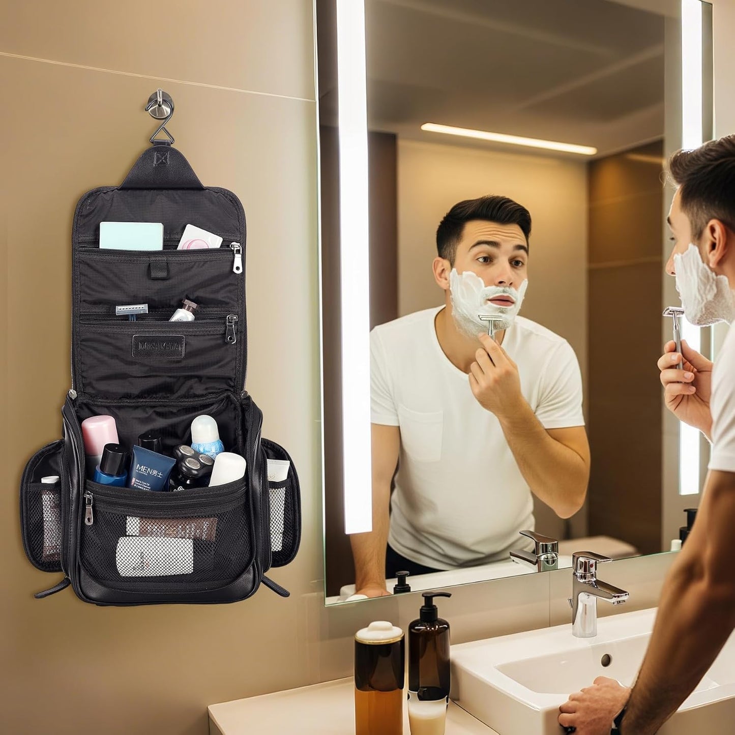 Masa Kawa Leather Hanging Travel Toiletry Bag for Men Portable Expandable Camping Cosmetics Makeup Toiletries Organizer Waterproof Bathroom Shaving Kit Black Wash Bags