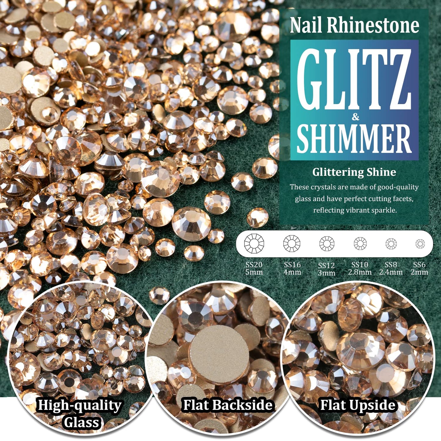 Multi Shapes Champagne 3D Glass Crystal Nail Art Rhinestones Kit with Flatback Round Bead Charm Gem Stone Jewelry Diamond with Pickup Pen + Tweezer for Manicure Makeup DIY Craft Decoration