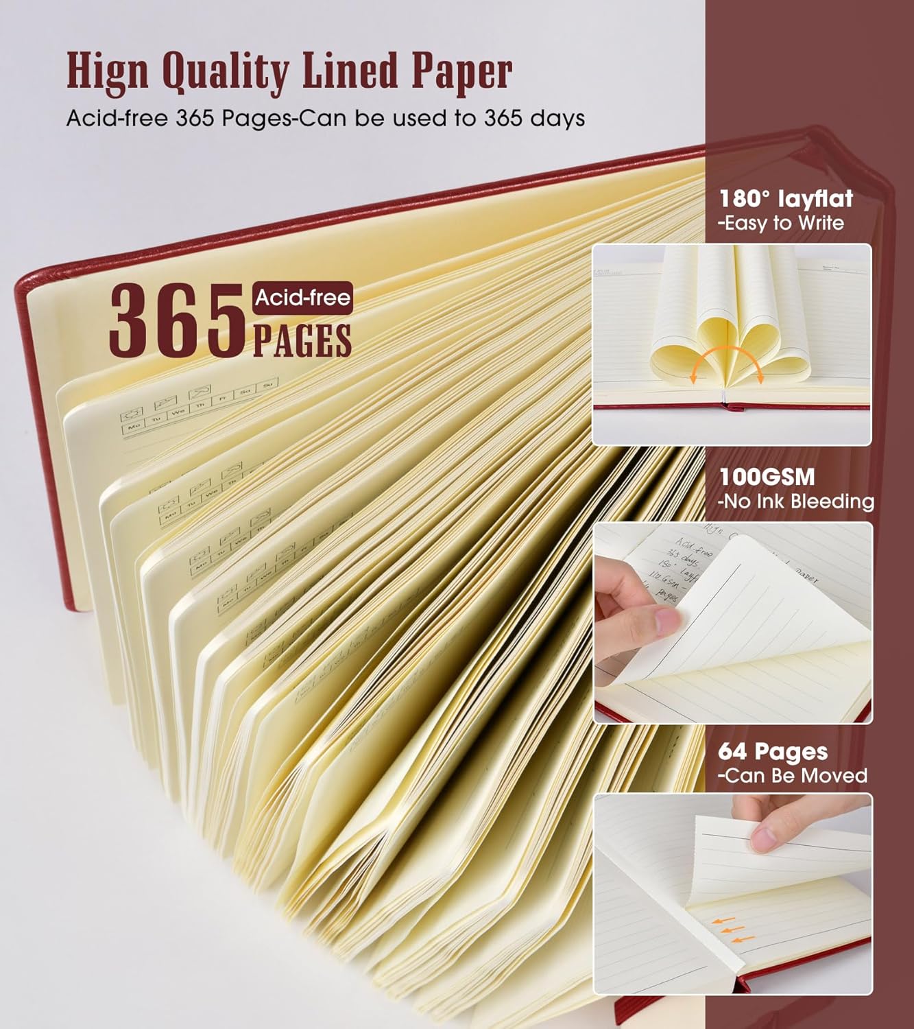 Lined Journal Notebook -365 Pages A5 Thick Journals for Writing Ruled Notebook, Hardcover Leather Journal for Women Men, Daily Notebook for Work, Note Taking, 100Gsm Lined Paper( 5.7'' X 8.3'' Wine)