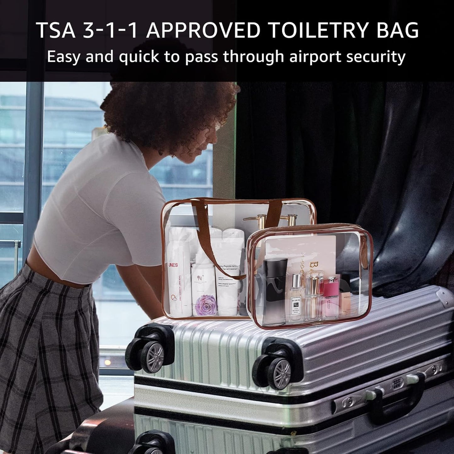 5Pcs Crystal Clear PVC Travel Toiletry Bag Kit for Women Men, Waterproof Vinyl Packing Organizer Storage Bags with Zipper Handle Straps, Cosmetic Pouch Carry on Airport Airline Compliant Bag Handbag