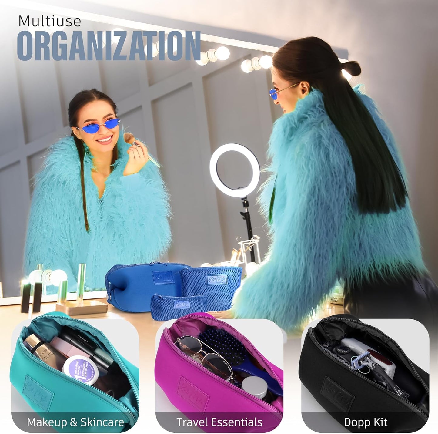 Kat Myhr Neoprene Washable Travel Makeup & Cosmetic Bag Set, 2 Air Mesh Pouches,100% Neoprene Toiletry Bag, Large Water Resistant Travel Bag for Toiletries, Makeup Cosmetic Travel Bag (Royal Blue)