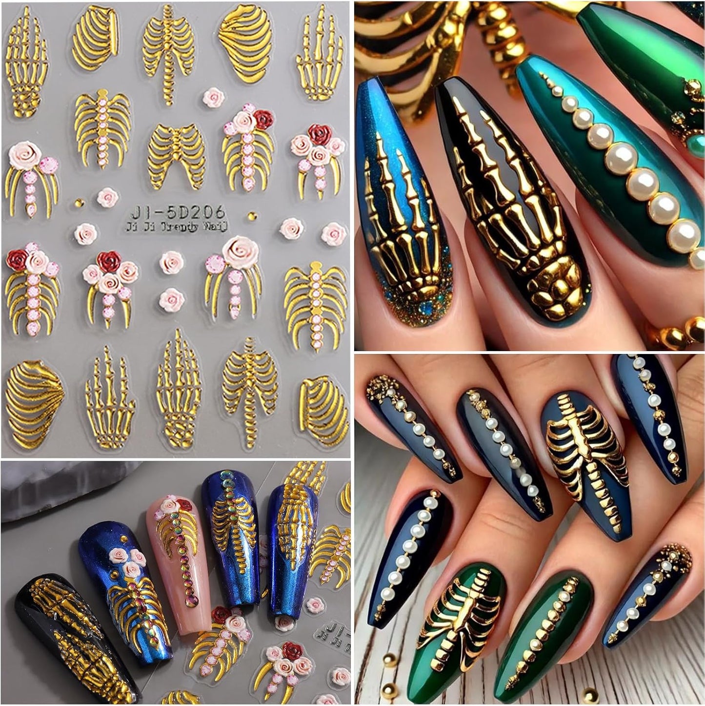 VOTACOS 5 Sheets Halloween Nail Art Stickers Decals 5D Nail Decals Gold White Bone Pattern Sticker Self-Adhesive Skull Nails Supplies Accessories 3for Women Halloween Nails DIY Decoration