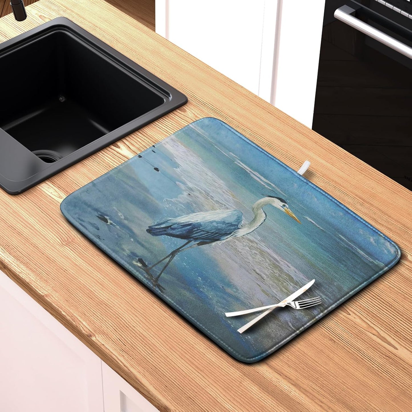 Summer Blue Dish Drying Mat for Kitchen Counter 16x18 Inch Heron Coastal Beach Drying Mats Nautical Ocean Bird Dishes Drainer Mats Microfiber Absorbent Dish Rack Pad