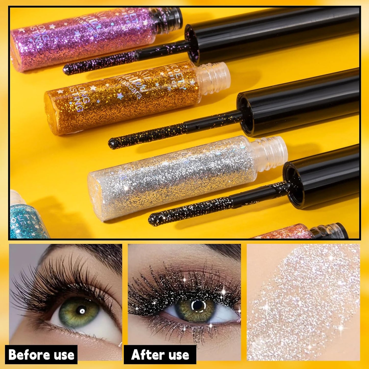 Glitter Colored Mascara, 5 Colors Diamond Effect Sparkle Mascara Set, Waterproof, Long Lasting Smudgeproof Voluminous Curling Colorful Eyelashes Party Wedding Music Festival Eyes Makeup