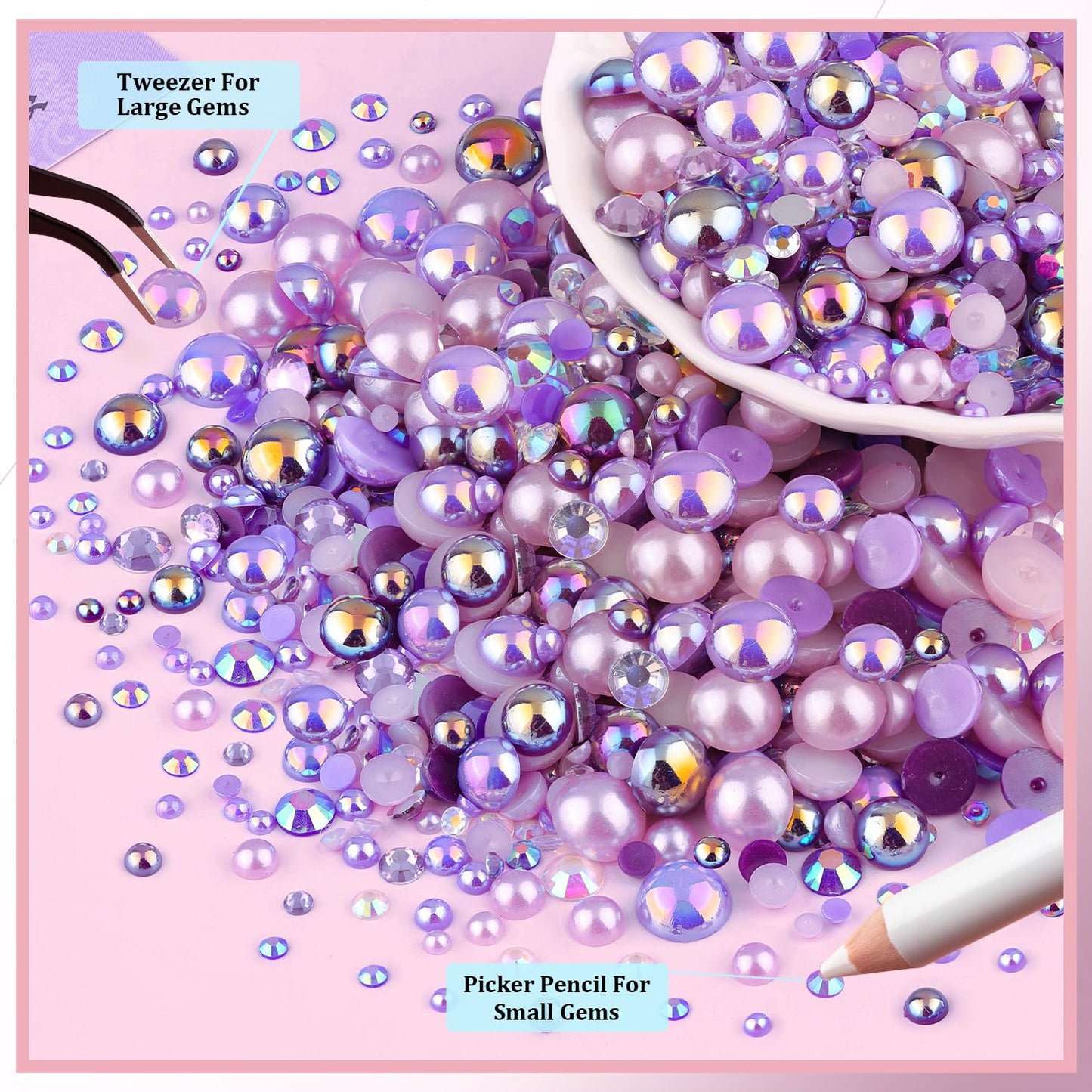 80g Flatback Pearls and Rhinestones for Crafting, Purple Mixed Size 3-10mm Resin Rhinestones and Half Pearls for Bedazzling, Nail Art and Decoration with Tweezer and Pickup Pencil