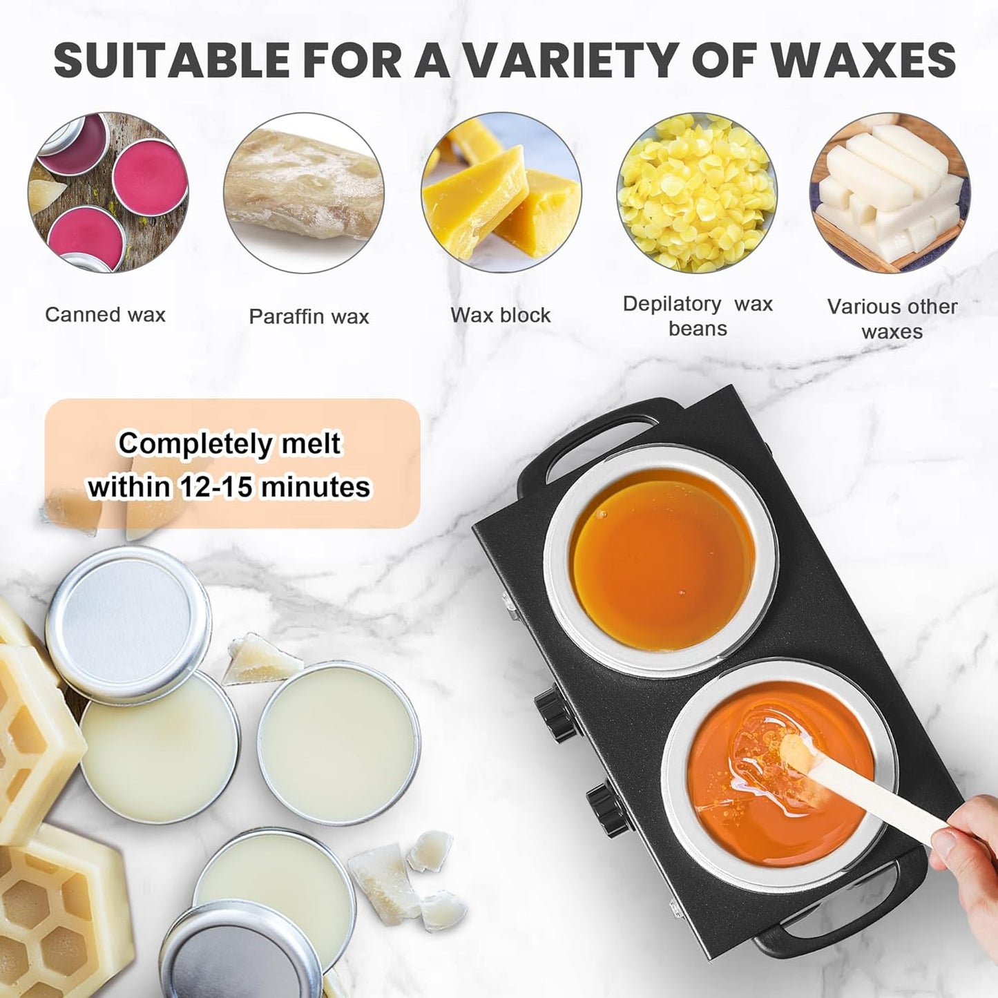 Professional Hair Removal Kit - Wax Warmer Machine with Double Pot, Large Capacity for Spa Salon and Home Use, Non-Stick Easy Clean Pots, 50 Sticks & 20 Collars (Black)