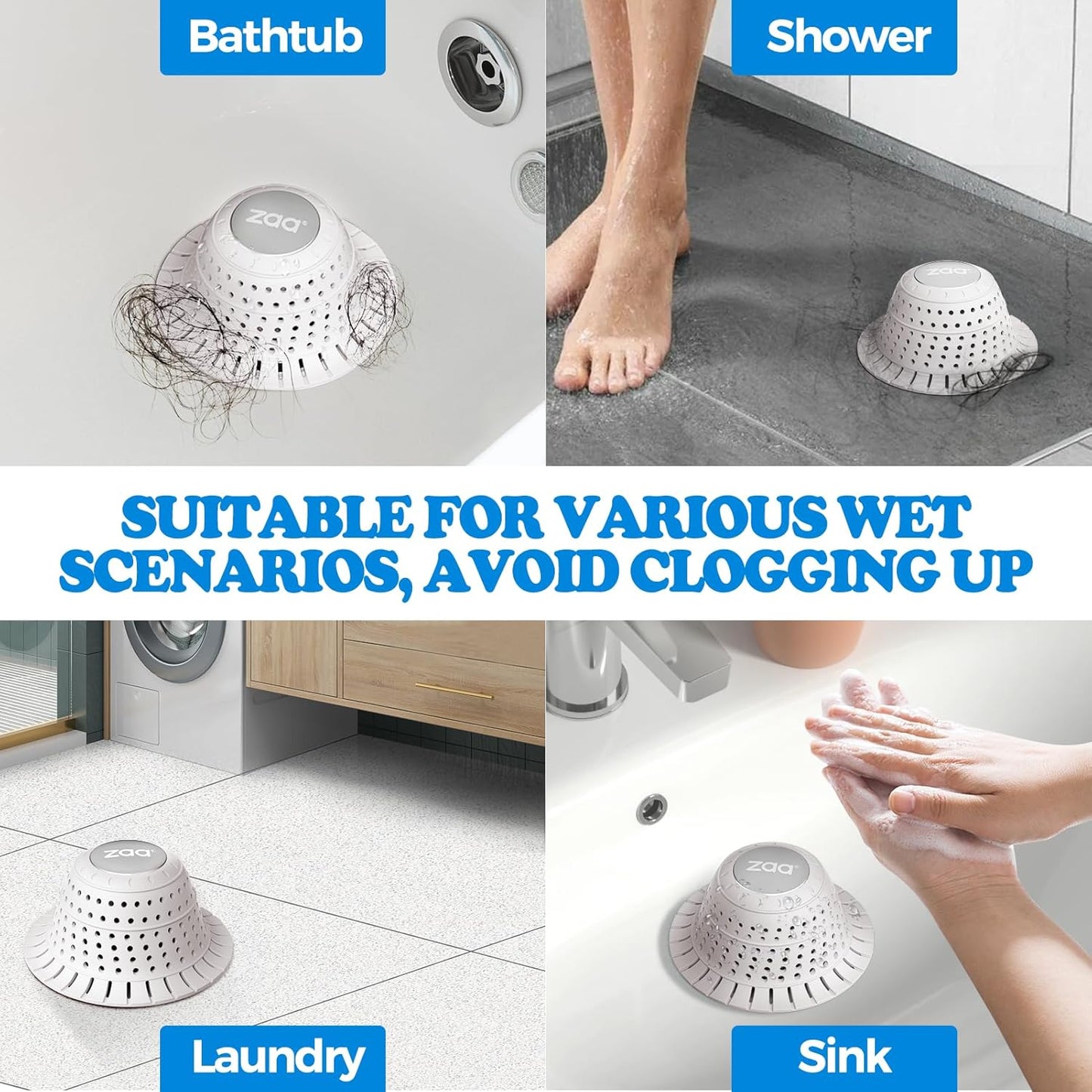 zaa Bathtub Drain Hair Catcher, Premium Silicone Collapsible 2 Pack Drain Protector for Pop-Up and Regular Drains of Shower, Bathtub, Tub, Bathroom, Sink, White