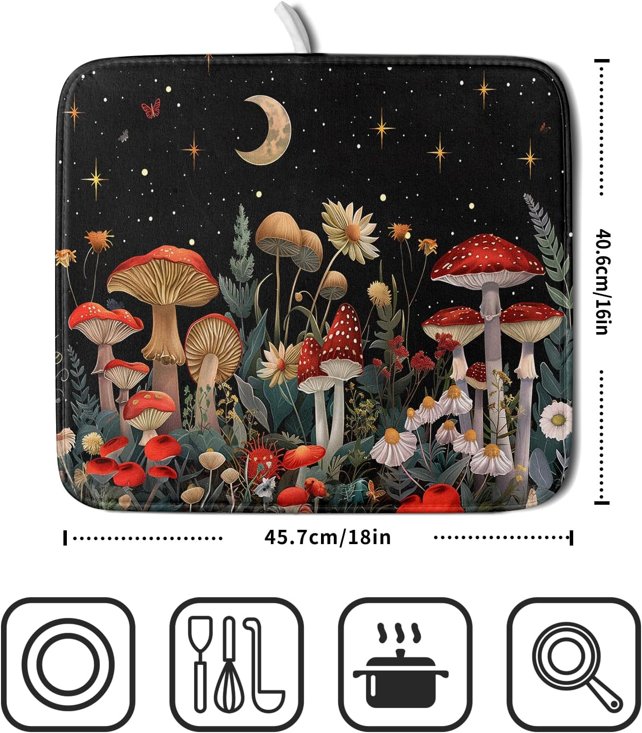 Black Mushroom Dish Drying Mat for Kitchen Counter Leaves Botanical Microfiber Dish Rack Mat Drainer Pad Washable Absorbent Dry Mat 16x18 Inch