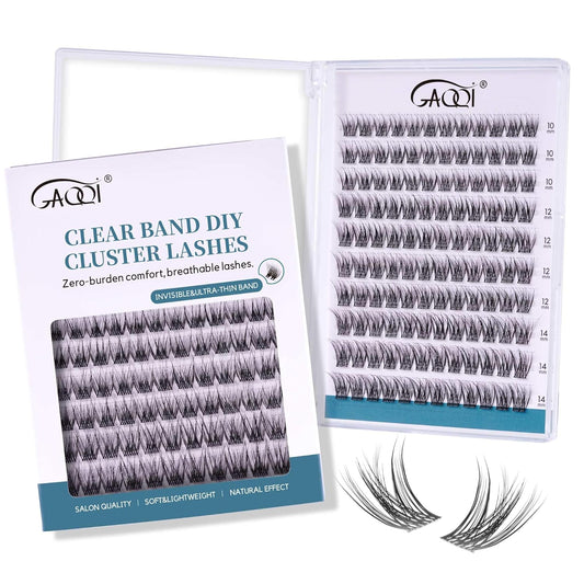 GAQQI Lash Clusters Wispy & Natural Eyelash Clusters Clear Band, 10-14mm Cluster Lashes 120PCS, Cluster Eyelash Extensions C Curl, Cluster Lashes Ultra-thin & Soft Invisivle Band (FEATHER)