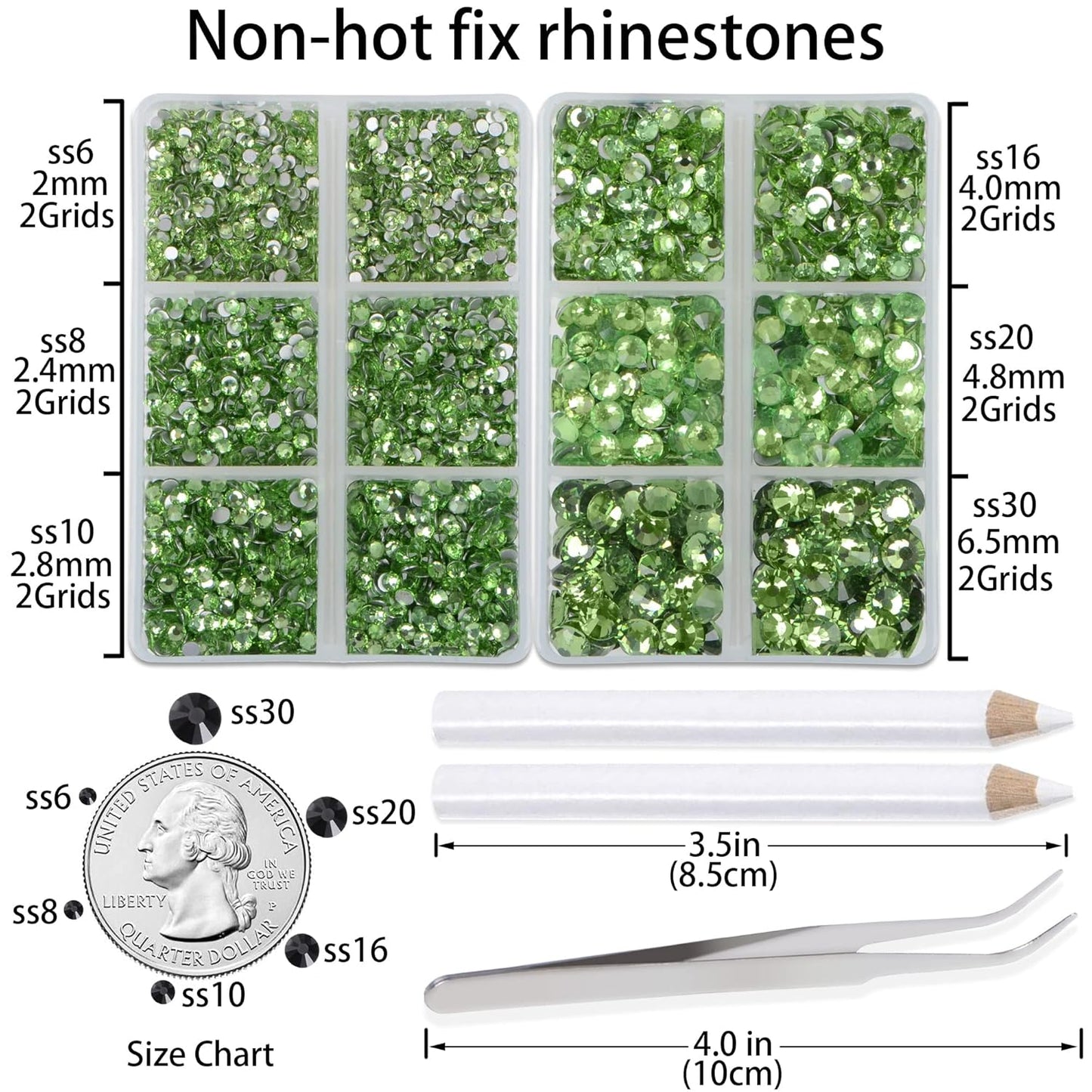 LPBeads 6000 Pieces Light Green Non Hotfix Rhinestones 6 Sizes Round Crystal Glass Flat Back Rhinestones with Tweezers and Picking Pen for Nail Art Crafts Bags DIY